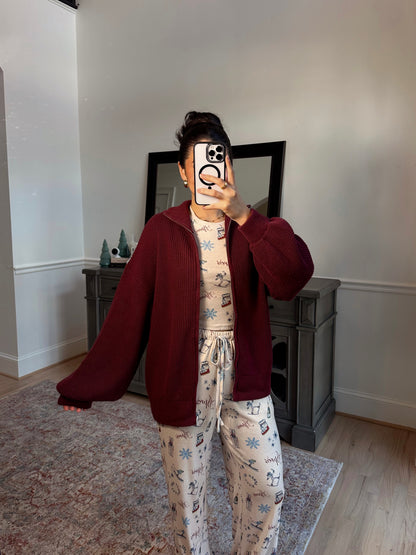 Burgundy Knit Zip Up Sweater