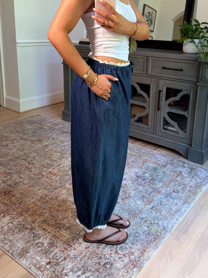 Chic Ease Denim Lace-Trim Pants