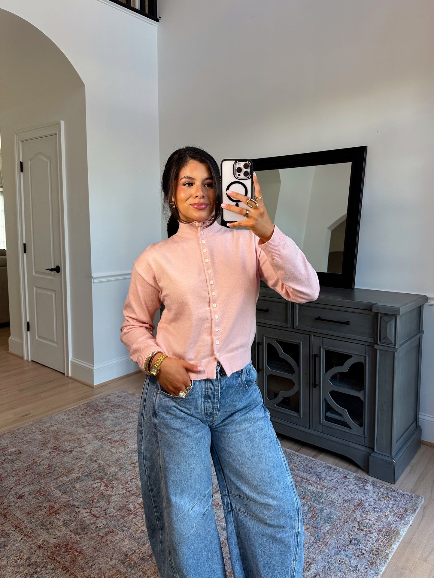 Dalilah Pink Mockneck Cardigan