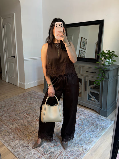 Espresso Brown Satin Top & Pants Set