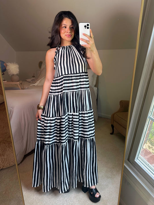 Black & White Striped Halter Maxi Dress