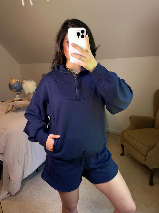 Navy Quarter Zip Sweater and Shorts Set