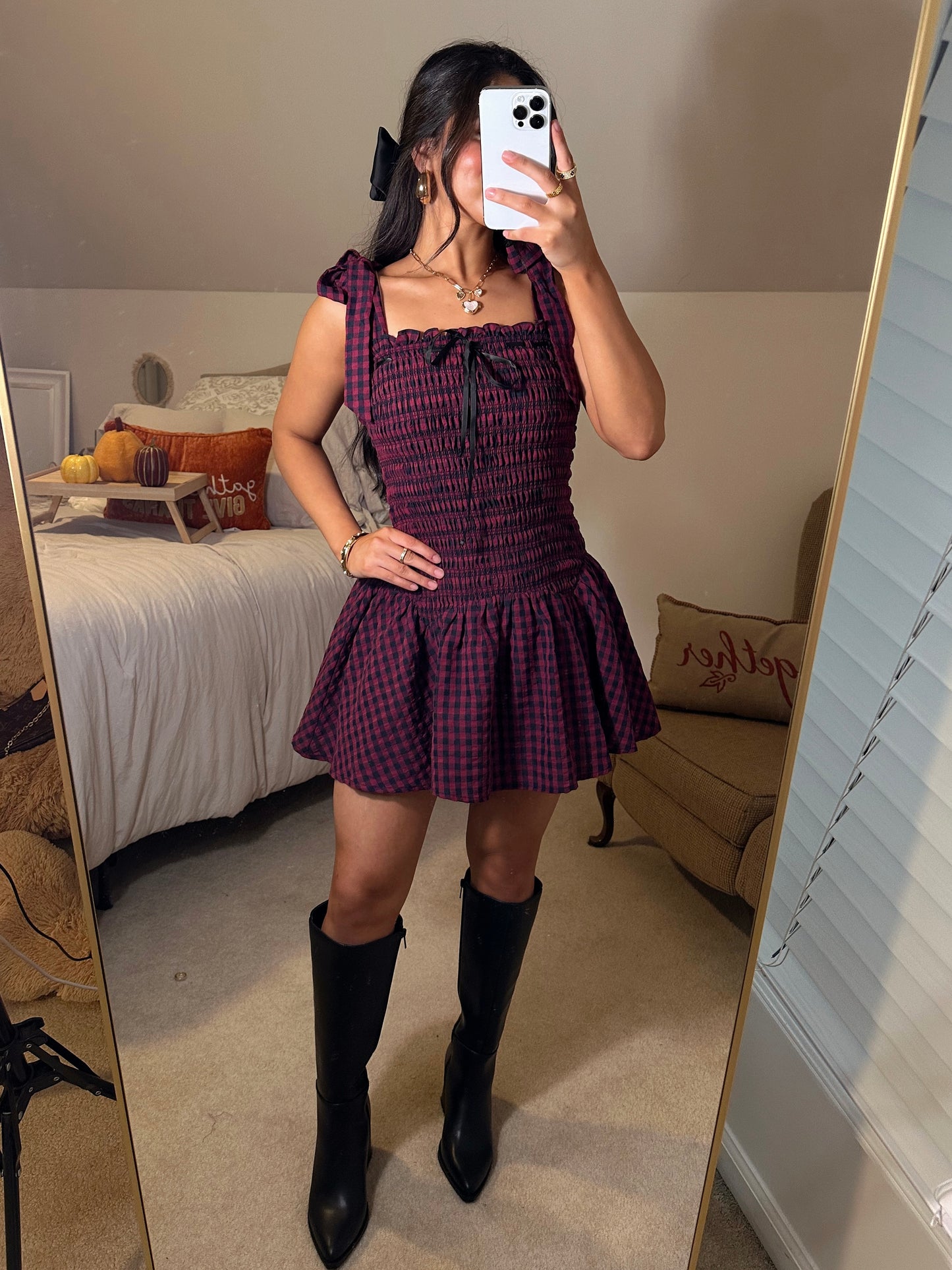 Burgundy & Black Gingham Mini Dress