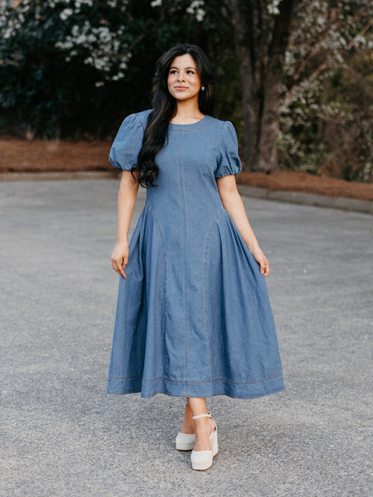 Denim Pleated Drop Waist Maxi Dress