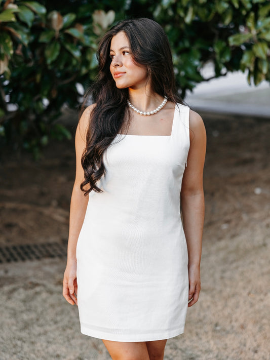 White Linen Square Neck Dress