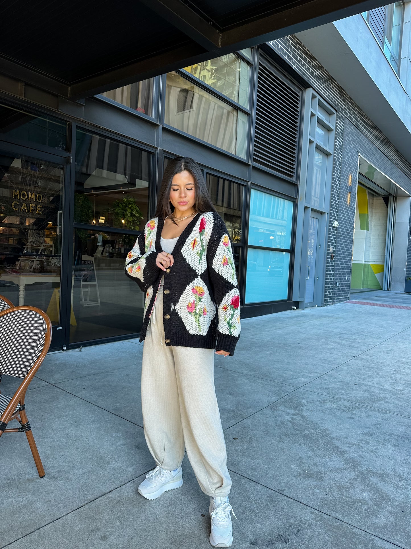 Black Vintage Flower Knit Cardigan