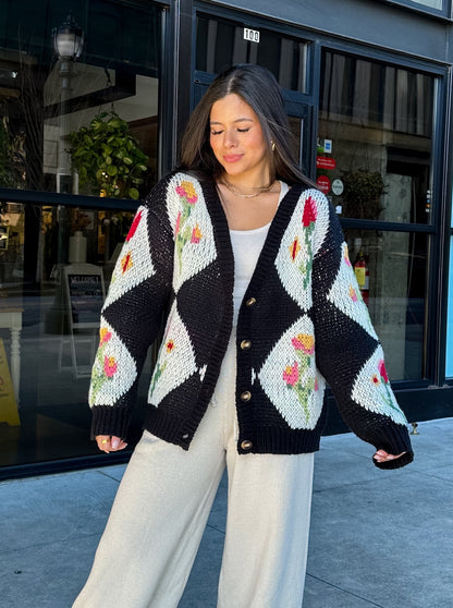 Black Vintage Flower Knit Cardigan