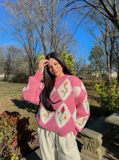 Pink Vintage Flower Knit Sweater