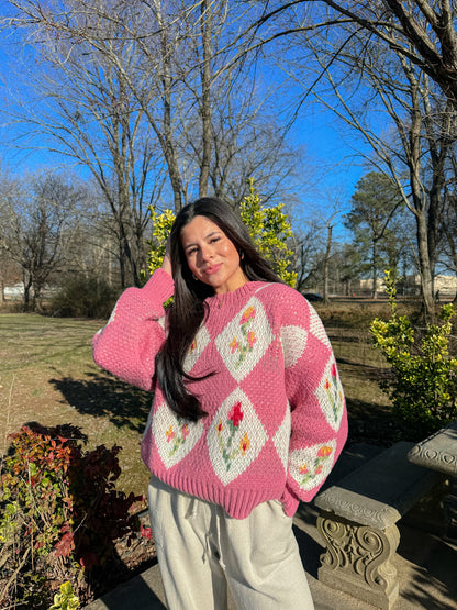 Pink Vintage Flower Knit Sweater