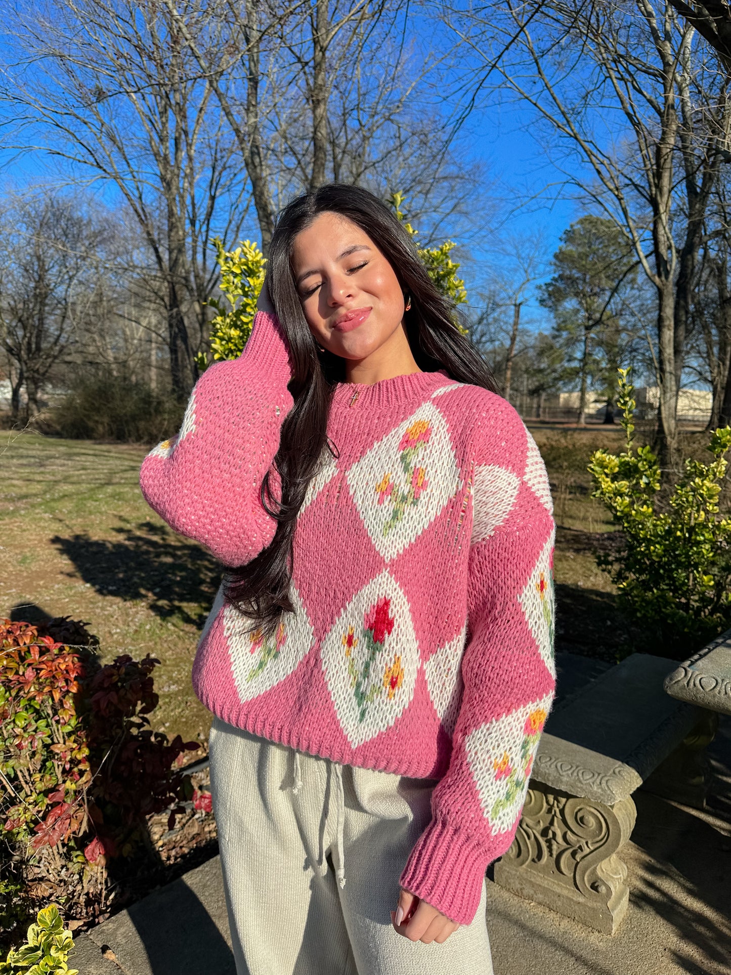 Pink Vintage Flower Knit Sweater