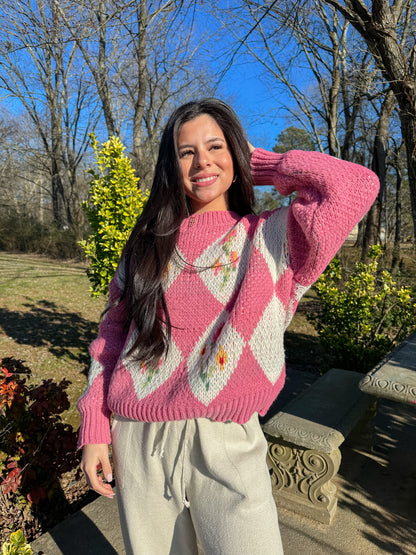 Pink Vintage Flower Knit Sweater