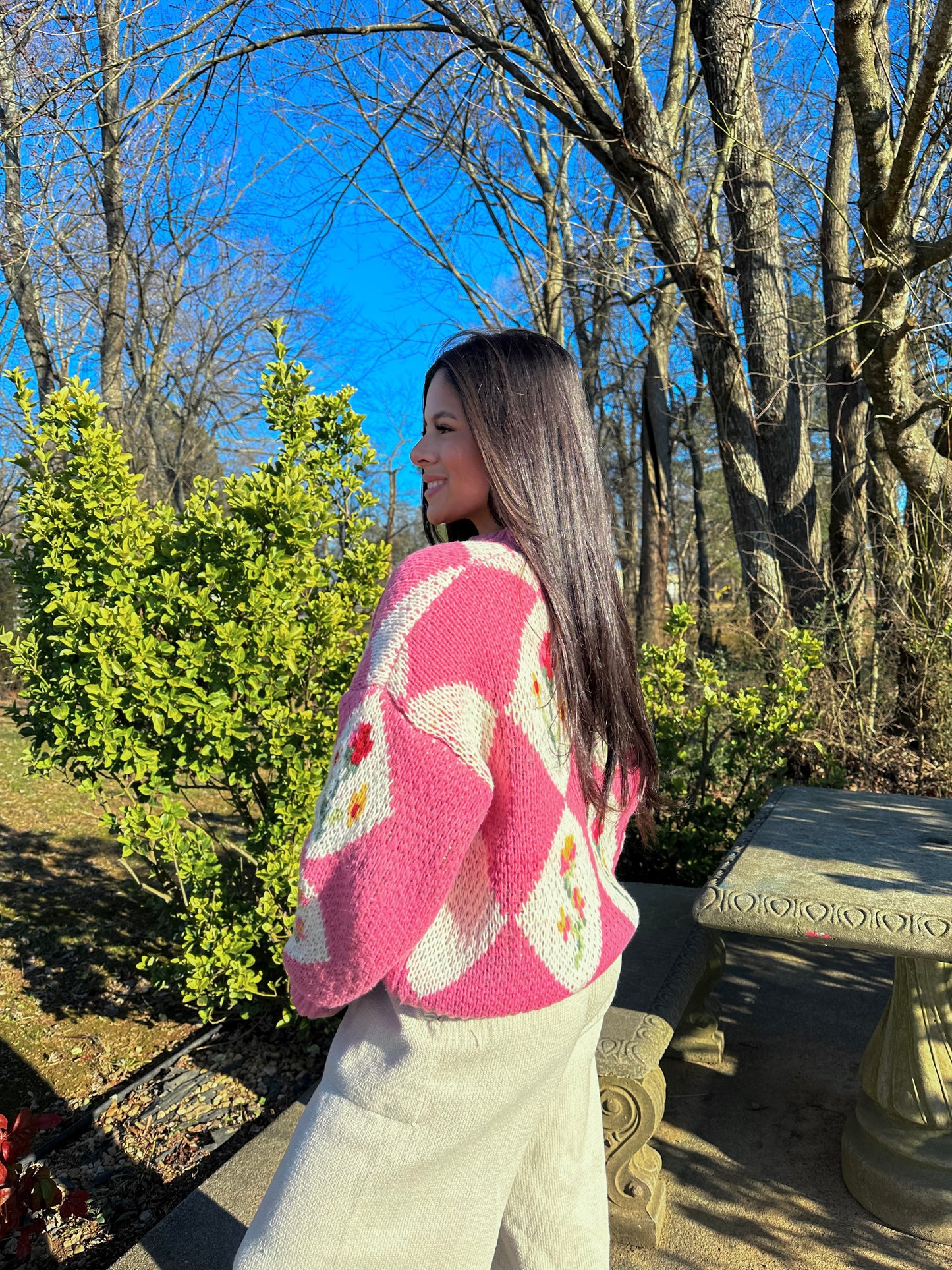 Pink Vintage Flower Knit Sweater