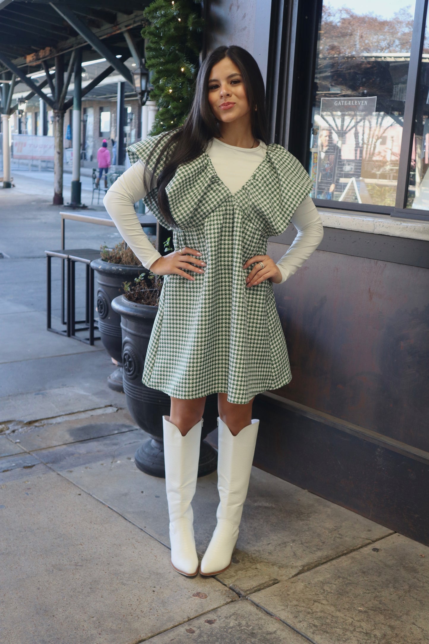 Houndstooth Ruffle Shoulder Dress