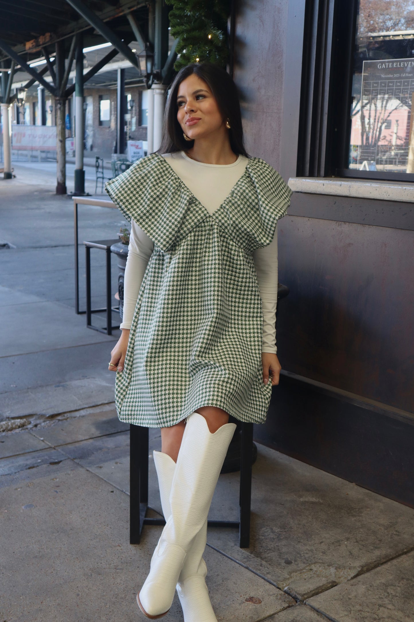 Houndstooth Ruffle Shoulder Dress