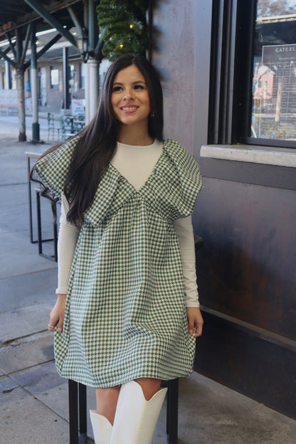 Houndstooth Ruffle Shoulder Dress