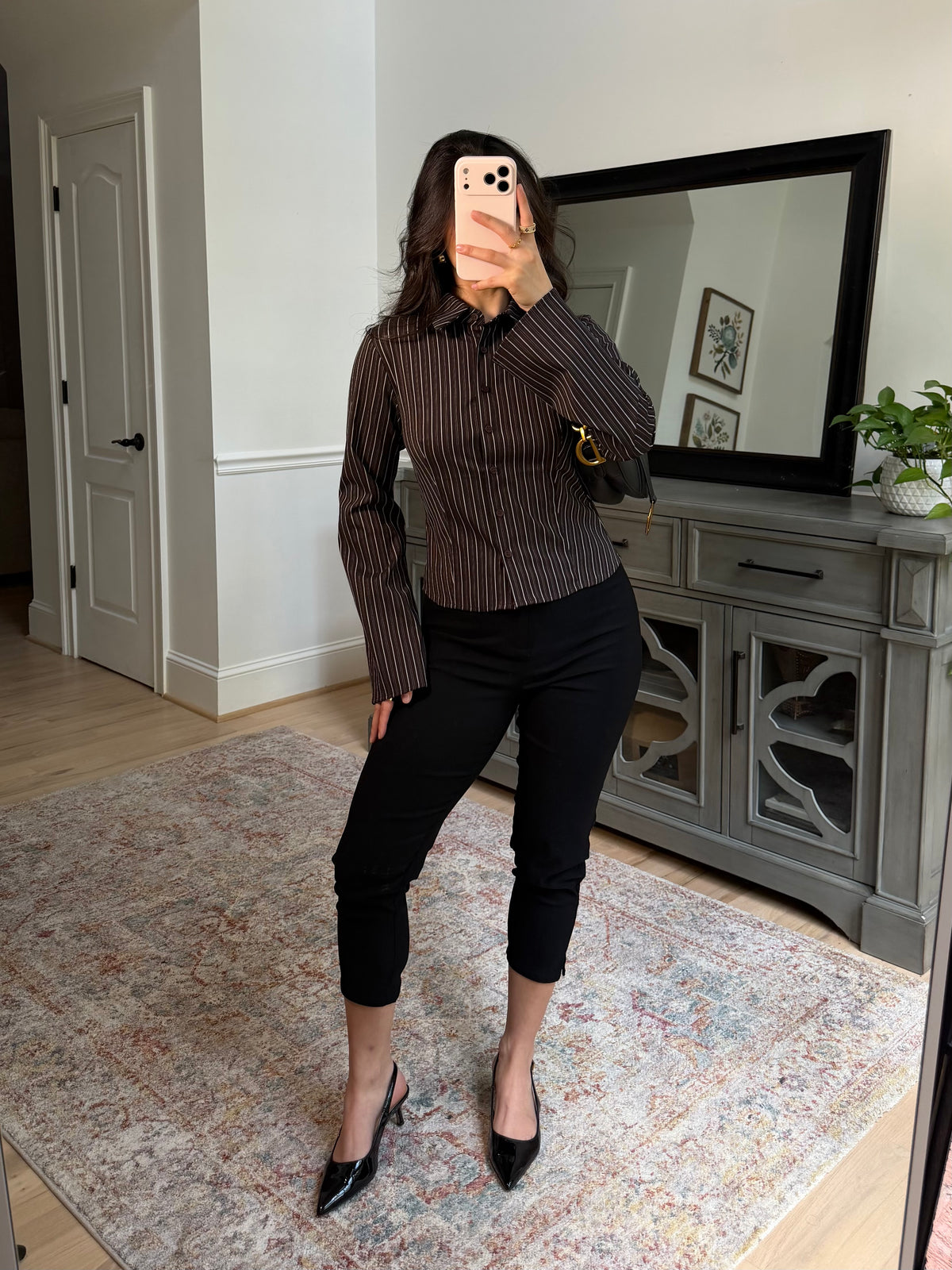 Office Days Brown Stripe Button Up Top