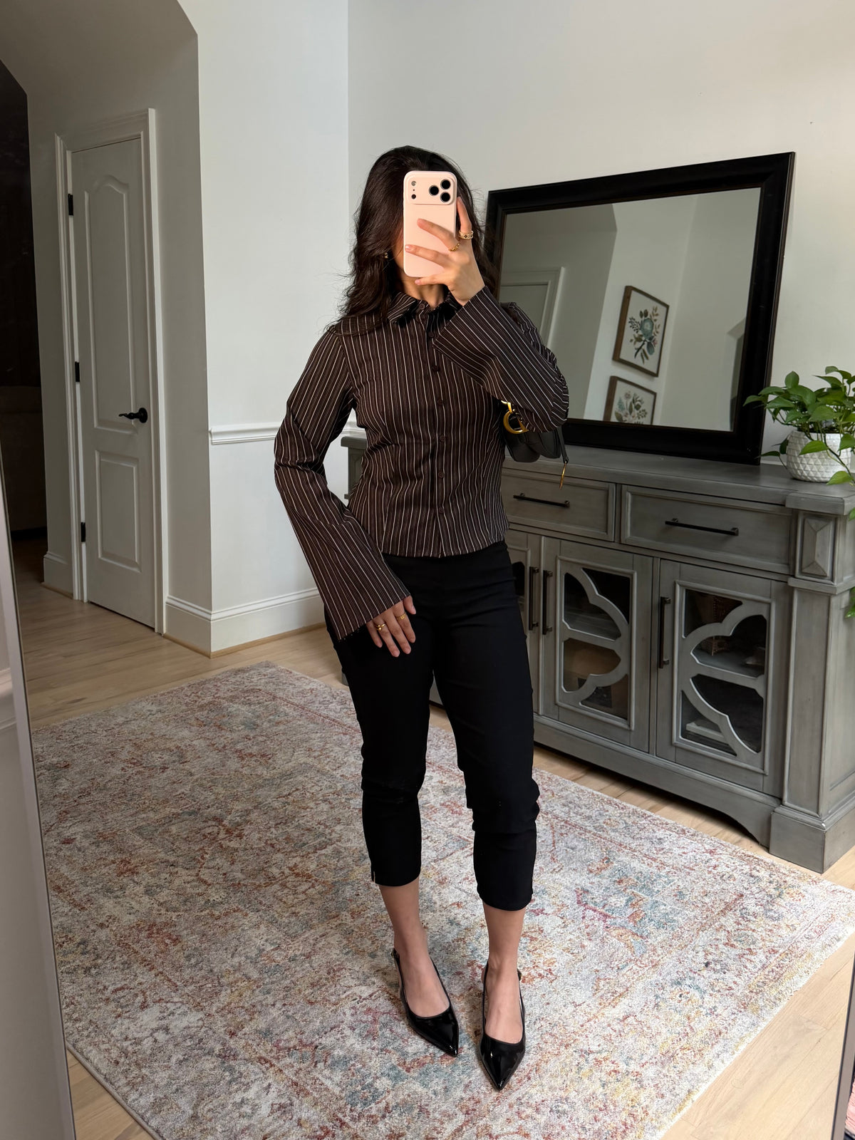 Office Days Brown Stripe Button Up Top