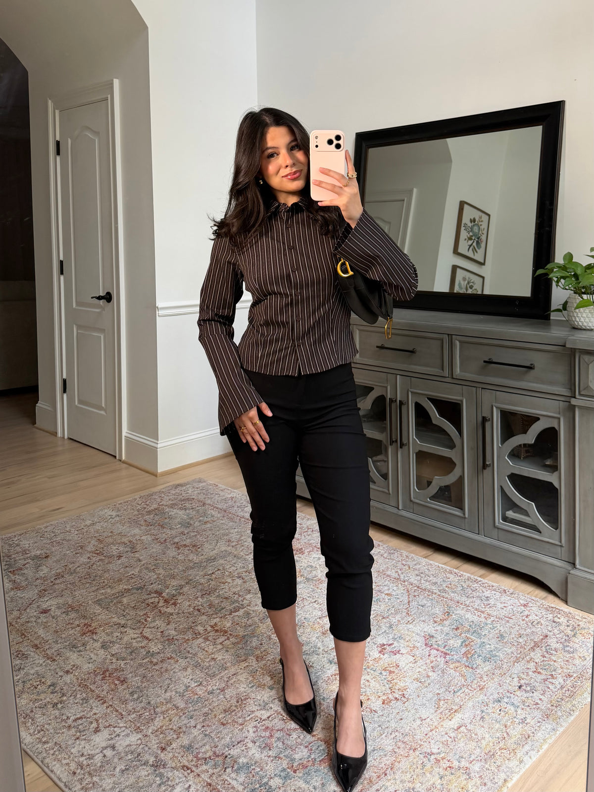 Office Days Brown Stripe Button Up Top
