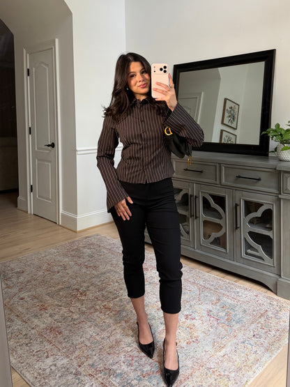 Office Days Brown Stripe Button Up Top
