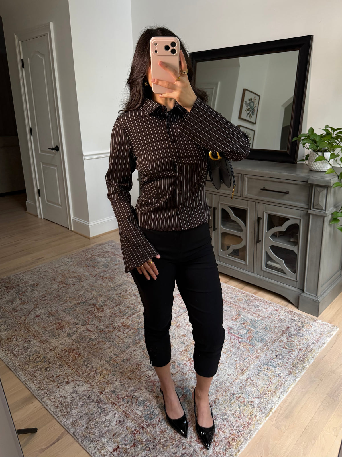 Office Days Brown Stripe Button Up Top