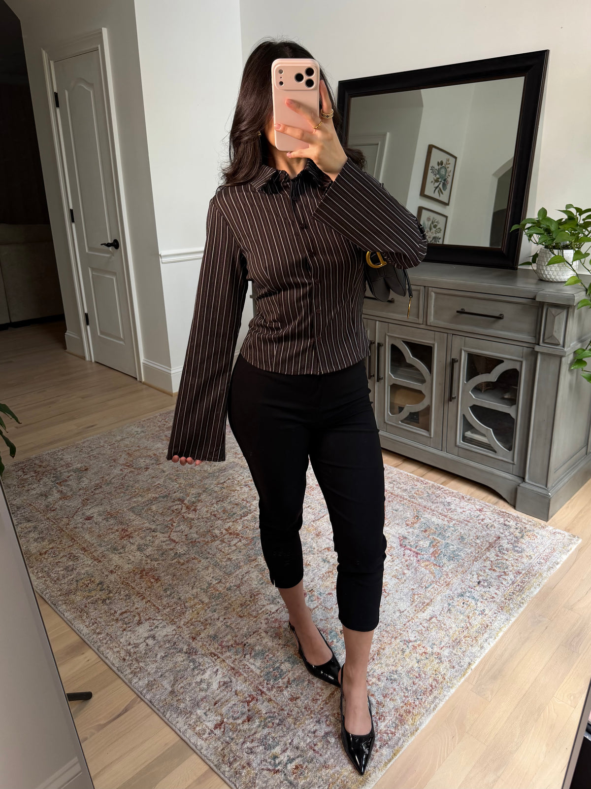 Office Days Brown Stripe Button Up Top