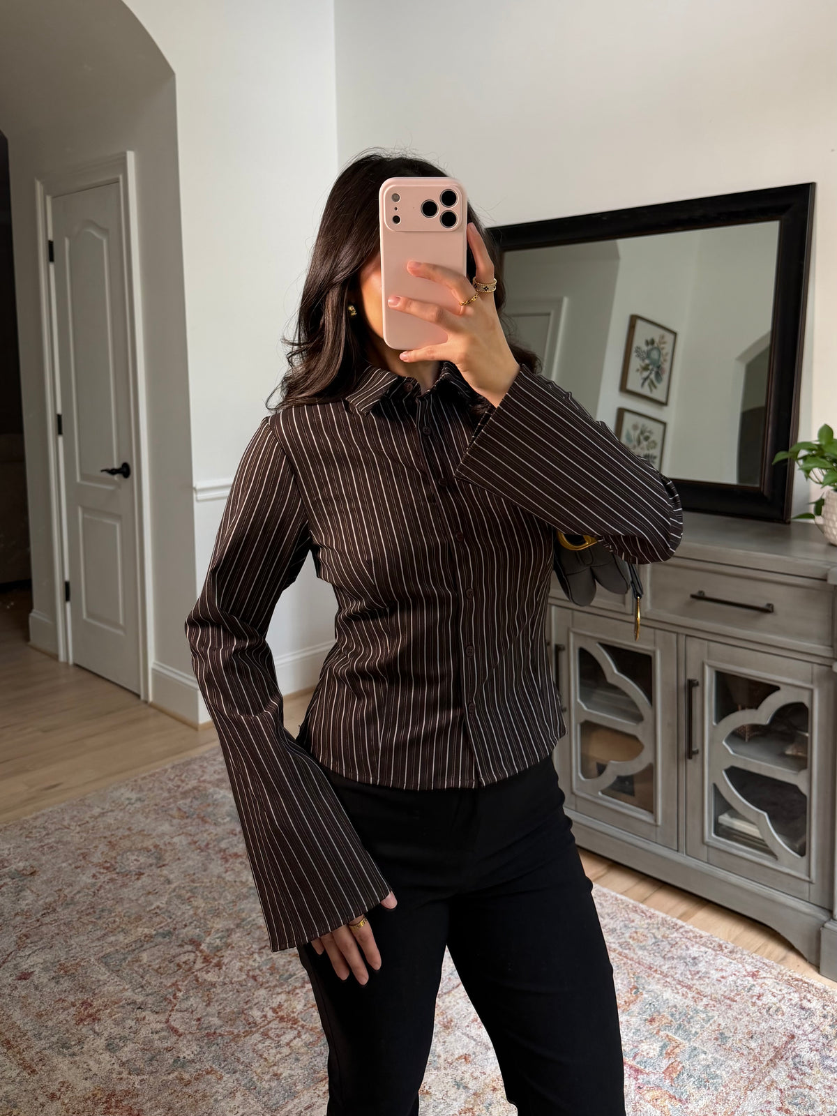 Office Days Brown Stripe Button Up Top
