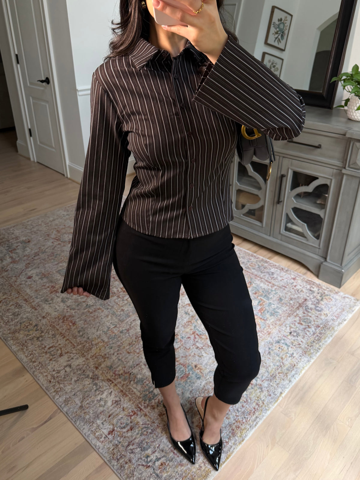 Office Days Brown Stripe Button Up Top