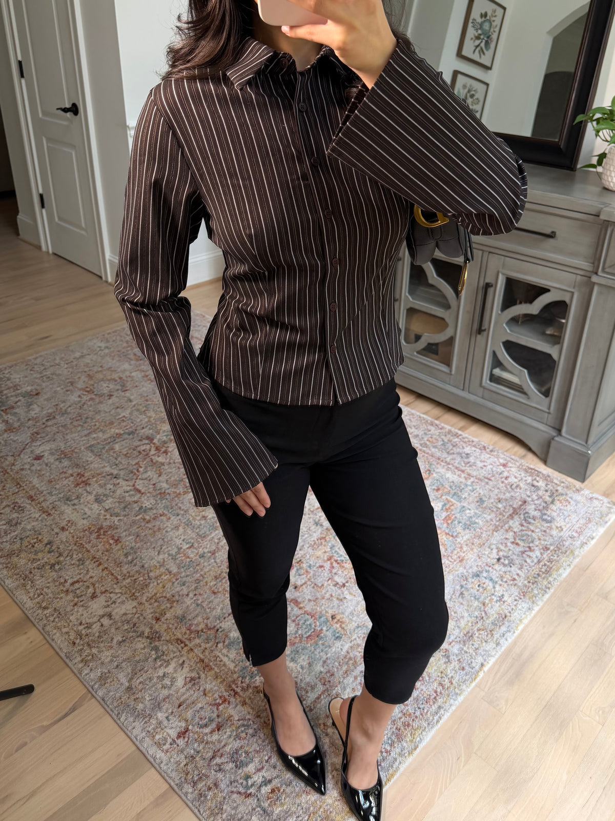 Office Days Brown Stripe Button Up Top