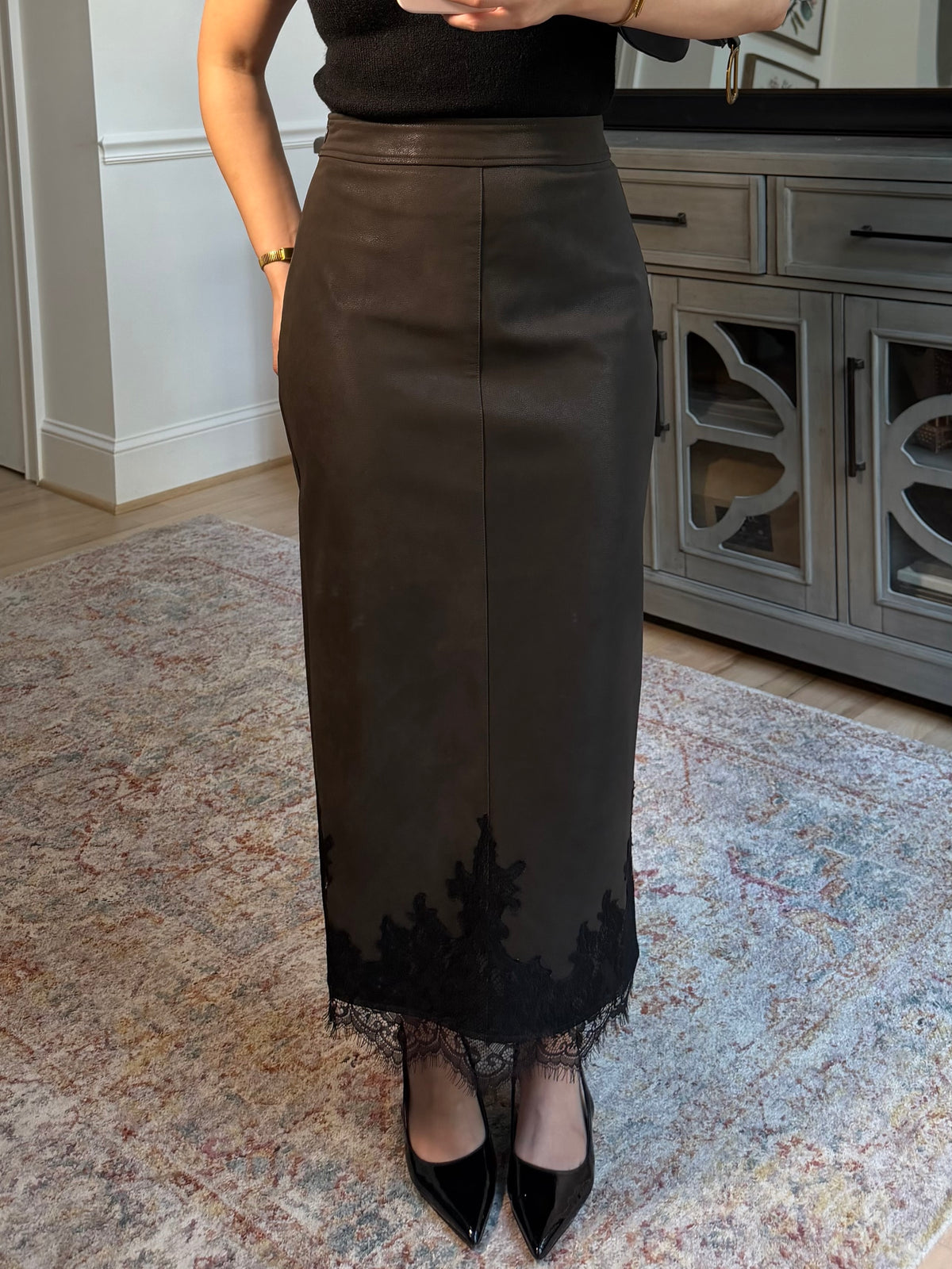 Classy Autumn Pleather Lace Pencil Skirt
