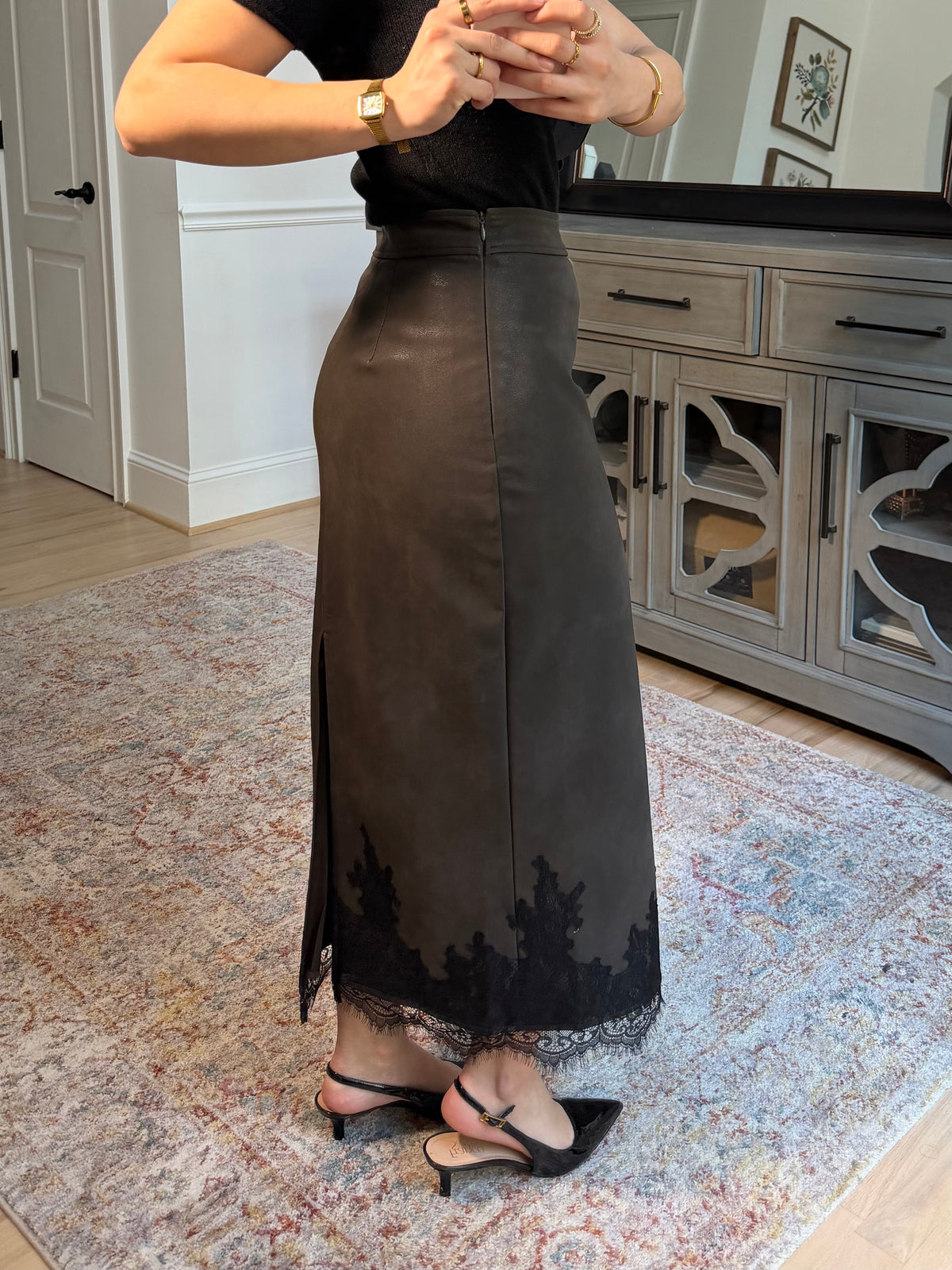 Classy Autumn Pleather Lace Pencil Skirt