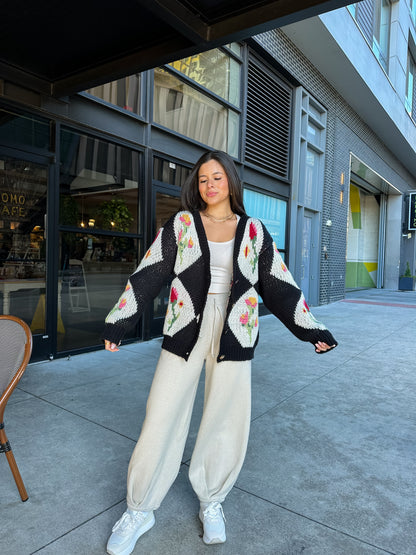 Black Vintage Flower Knit Cardigan